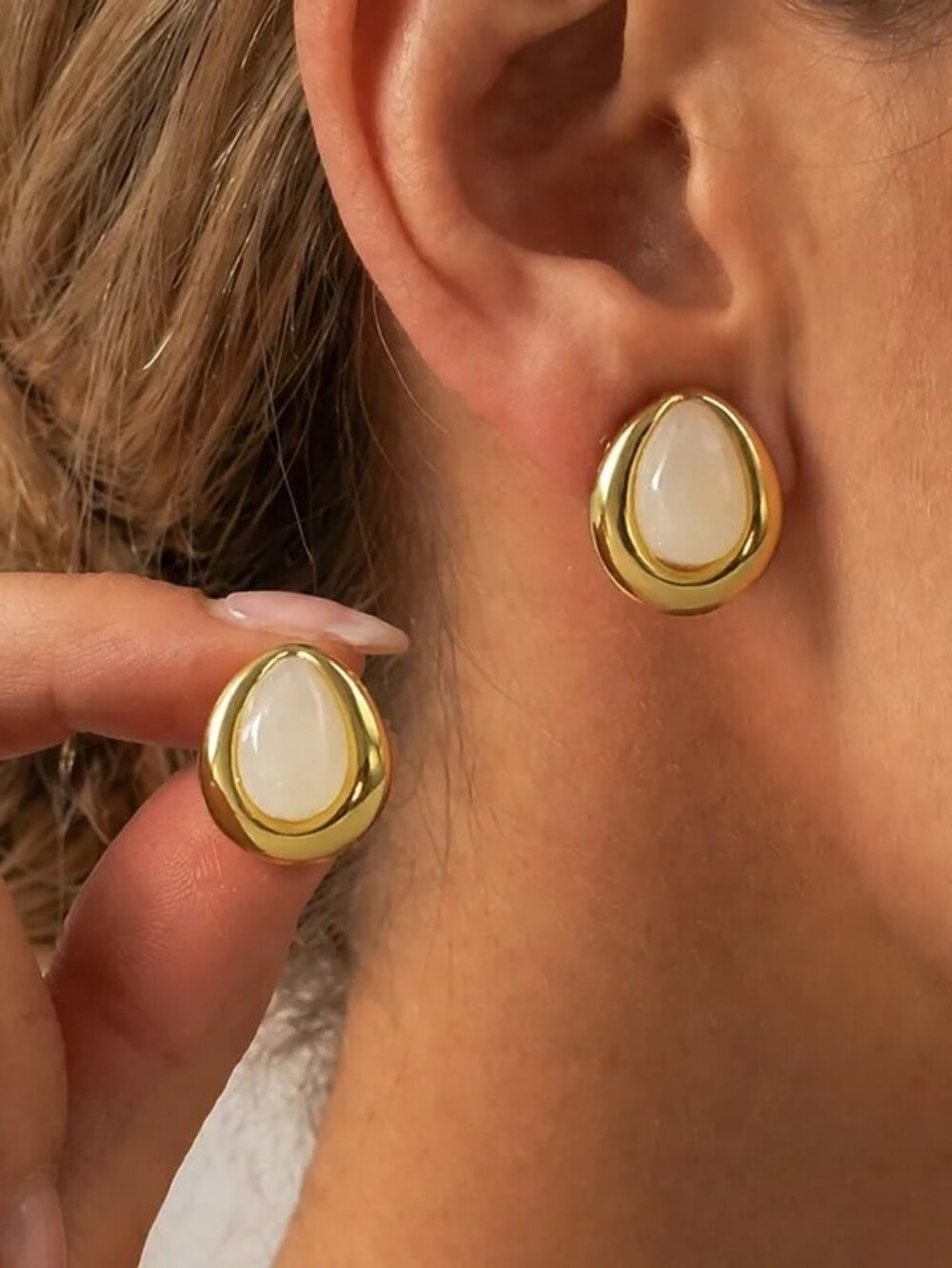Stainless Steel Gold Tear Drop Earrings White Marble Resin Chic Minimalist - Picture 2 of 14